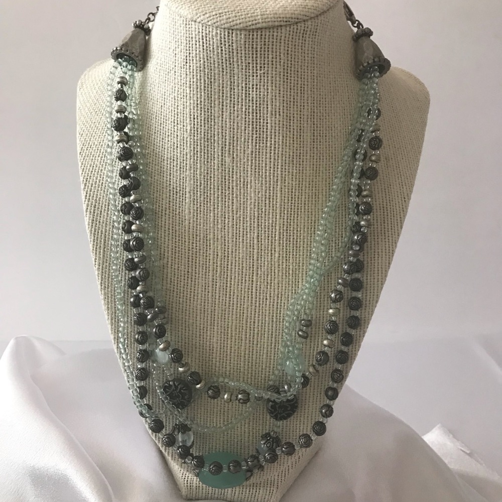 Premier Design burnished silver tone & aqua colored beads & stone neckla…‎